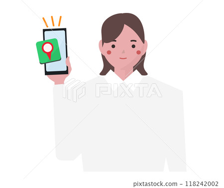 一位女商人使用地圖應用程式指路。智慧型手機地圖導航。向量圖 一位女商人使用地圖應用程式指路。智慧型手機地圖導航。向量圖 118242002