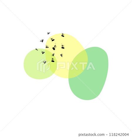 Abstract illustration with overlapping green and yellow shapes and scattered brush marks. 118242004