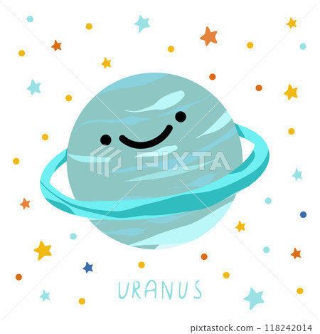 Solar system of planets for kids. Uranus with cartoon face. Vector illustration. Cartoon planet. Solar system of planets for kids. Uranus with cartoon face. Vector illustration. Cartoon planet. 118242014