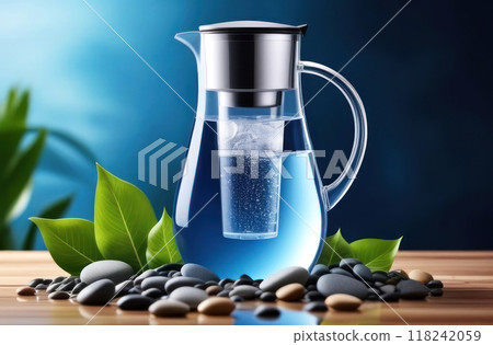A sleek glass water pitcher with an integrated filter sits among smooth stones and fresh green leaves 118242059