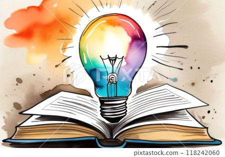 Inspiring watercolor artwork featuring a colorful light bulb emerging from an open book 118242060