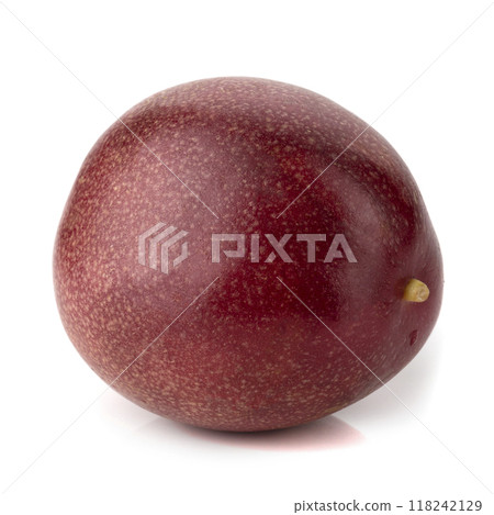 Red passion fruit with yellow pulp isolated on white background. 118242129