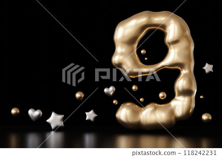 Golden liquid number 9 with droplets and stars on black background. Elegant fluid, luxurious metallic surface. Numeral nine. Flowing molten gold. Ninth birthday, business anniversary. Copy space. 3D. Golden liquid number 9 with droplets and stars on black background. Elegant fluid, luxurious metallic surface. Numeral nine. Flowing molten gold. Ninth birthday, business anniversary. Copy space. 3D. 118242231