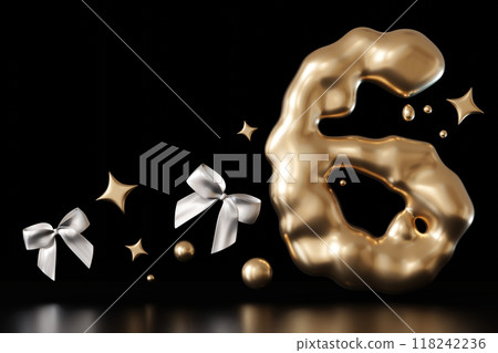 Golden liquid number 6 with bows and stars on black background. Elegant fluid, luxurious metallic surface. Numeral six. Flowing molten gold. Sixth birthday, business anniversary. Copy space. 3D. Golden liquid number 6 with bows and stars on black background. Elegant fluid, luxurious metallic surface. Numeral six. Flowing molten gold. Sixth birthday, business anniversary. Copy space. 3D. 118242236