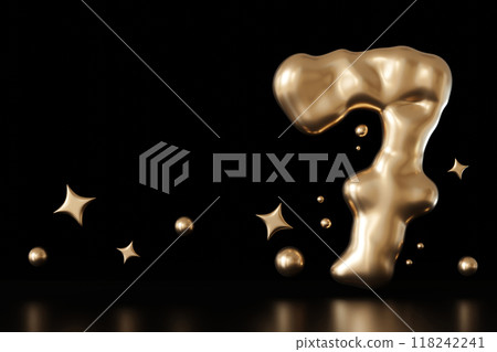 Golden liquid number 7 with droplets and stars on black background. Elegant fluid, luxurious metallic surface. Numeral seven. Flowing molten gold. Seventh birthday, business anniversary. Copy space Golden liquid number 7 with droplets and stars on black background. Elegant fluid, luxurious metallic surface. Numeral seven. Flowing molten gold. Seventh birthday, business anniversary. Copy space 118242241