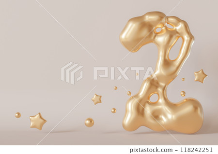 Golden liquid number 2 with droplets and stars on beige background. Elegant fluid, luxurious metallic surface. Numeral two. Flowing molten gold. Second birthday, business anniversary. Copy space. 3D. Golden liquid number 2 with droplets and stars on beige background. Elegant fluid, luxurious metallic surface. Numeral two. Flowing molten gold. Second birthday, business anniversary. Copy space. 3D. 118242251