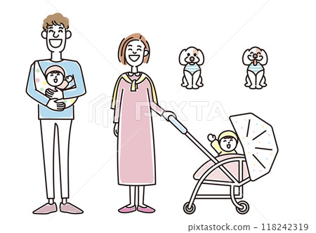 時尚的年輕夫婦、嬰兒和小狗 118242319