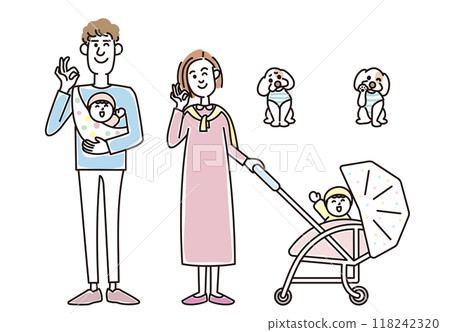 時尚的年輕夫婦、嬰兒和小狗 118242320