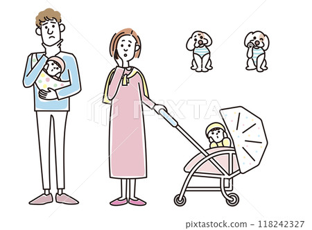 時尚的年輕夫婦、嬰兒和小狗 118242327