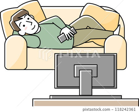 Man relaxing on sofa watching TV Man relaxing on sofa watching TV 118242361