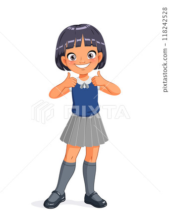 Cute little Asian girl in school uniform showing thumbs up. Cartoon vector illustration. Cute little Asian girl in school uniform showing thumbs up. Cartoon vector illustration. 118242528