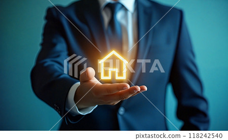Businessman holding futuristic glowing house icon for real estate concept 118242540