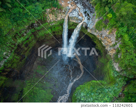 Aerial top view from above of Tumpak Sewu ,also known as Coban Sriti waterfall, Indonesia,  high waterfall in Malang regency, East Java, Indonesia 118242601