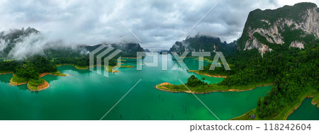 Aerial drone view of island on the lake, tropical Mountain peak , Khao Sok National Park, Thailand 118242604