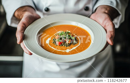 Chef holding a plate of lentil soup, black background with free copy space for text 118242677