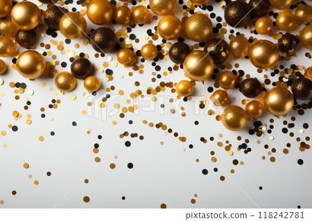 White background with copy space, sparkles and festive white and gold balls for decorating the Christmas tree. 118242781