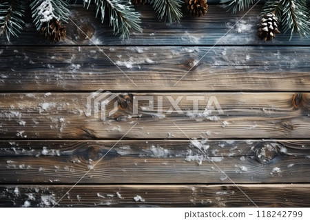 Wooden background with snowflakes and snow, top view and copy space, festive Christmas background with place for text. Wooden background with snowflakes and snow, top view and copy space, festive Christmas background with place for text. 118242799