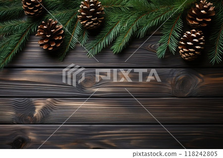Background with a wooden base and fir branches on the edge. 118242805