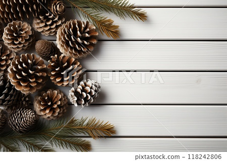 Pine cones and branches on a white background, top view of the background. 118242806