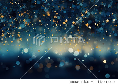 Background with small yellow stars, yellow bokeh on a black and blue background. 118242818