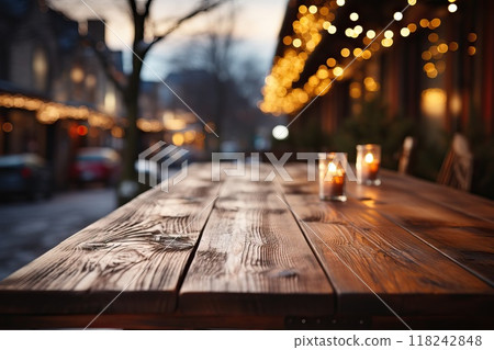 Christmas background with wooden table and festive lights on the street. 118242848