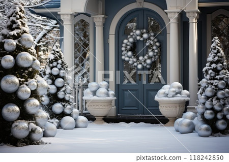 Christmas decorated front white door with white decorations. 118242850