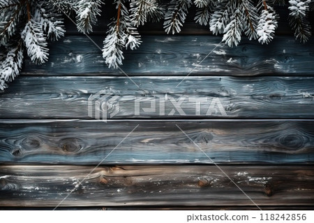 A wooden background of gray color is framed by spruce branches and crushed by snow. 118242856