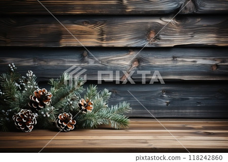 Dark gray wooden background with fir branches and pine cones with space for writing. 118242860