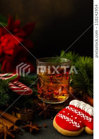 Glass mug with brewed black tea Glass mug with brewed black tea 118242954