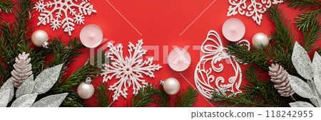 Red Christmas background with fir branches Red Christmas background with fir branches 118242955