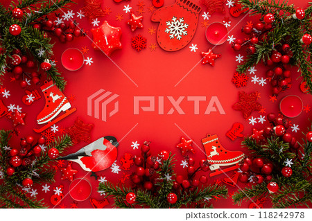 Red Christmas background with fir branches 118242978