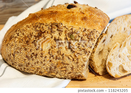 Homemade bread, sourdough wheat loaf with seeds Homemade bread, sourdough wheat loaf with seeds 118243205