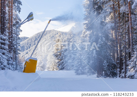 Bansko, Bulgaria, winter ski road and snow cannon 118243233