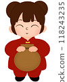 Chinese girl holding a bag of gold  118243235