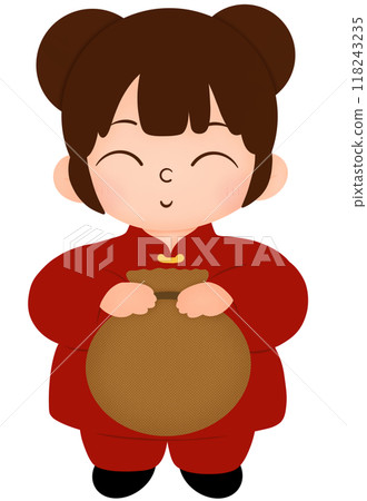 Chinese girl holding a bag of gold Chinese girl holding a bag of gold 118243235
