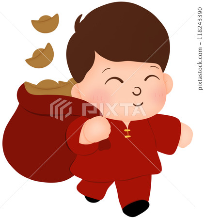Chinese boy carrying a bag of gold  118243390