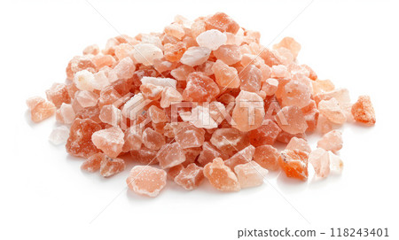 Pile of pink himalayan salt on white background 118243401