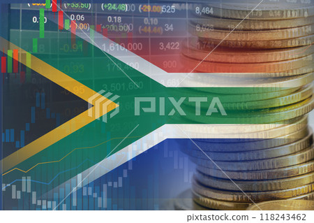 Stock market investment trading financial, coin and South Africa flag , finance business trend data. 118243462