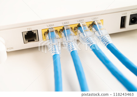 Ethernet cable with wireless router connect to internet service provider internet network. Ethernet cable with wireless router connect to internet service provider internet network. 118243463