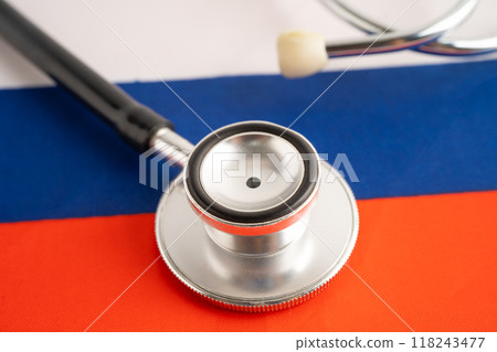 Stethoscope on Russia flag, Business and finance. 118243477