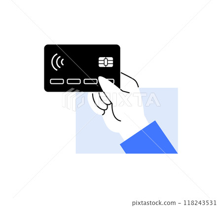 A hand holding a credit card featuring contactless payment symbol. Financial transaction, fintech, banking, secure payments, mobile wallet concepts are illustrated in this vector. A hand holding a credit card featuring contactless payment symbol. Financial transaction, fintech, banking, secure payments, mobile wallet concepts are illustrated in this vector. 118243531