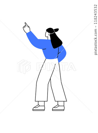 A character in a blue sweater pointing upwards, representing direction, decision-making, or leadership. Ideal for business presentations, strategy concepts, or guidance themes. Blue, black, white. 118243532