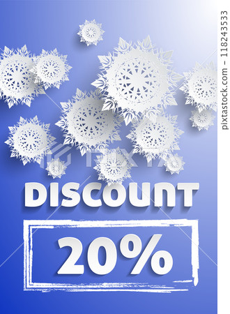 Intricate paper snowflakes float above bold discount text. Applicable to winter sales, holiday promotions, seasonal marketing, and festive advertising campaigns. Blue gradient backdrop 118243533