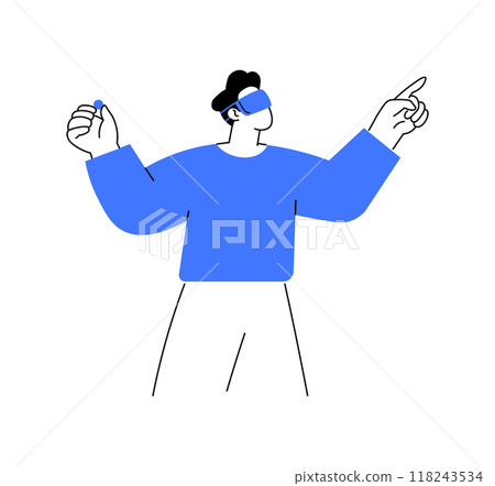 Illustration showing a person wearing a VR headset, actively gesturing with both hands. Highlighting the immersive experience in a virtual reality setting with modern design elements. Illustration showing a person wearing a VR headset, actively gesturing with both hands. Highlighting the immersive experience in a virtual reality setting with modern design elements. 118243534