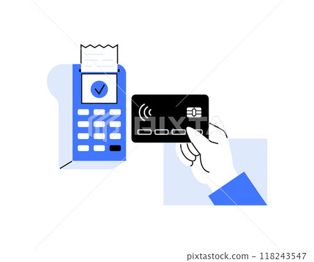 Vector image of a hand holding a credit card near a card reader. Perfect for illustrating digital payments, contactless transactions, fintech, banking technology, and modern payment systems. 118243547