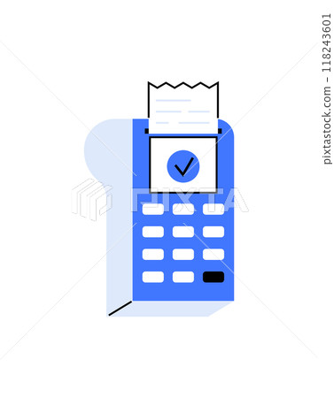 A POS terminal with a printed receipt and check mark, representing payment completion. Use in finance, payment processing, transaction completion, digital receipts, and point-of-sale systems. A POS terminal with a printed receipt and check mark, representing payment completion. Use in finance, payment processing, transaction completion, digital receipts, and point-of-sale systems. 118243601