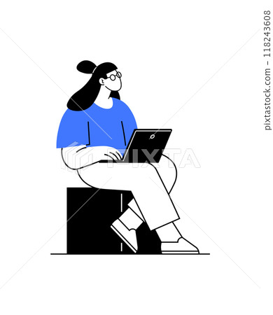 A woman sitting on a block with a laptop, depicted in a minimalist style. The design uses monochrome black and white with a pop of blue color on the woman shirt, creating a stylish illustration. 118243608