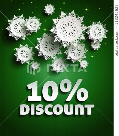 Holiday discount banner featuring a 10 discount text in white, surrounded by elegant white snowflakes on a rich green background. Ideal for winter sales, holiday promotions, or festive advertisements. Holiday discount banner featuring a 10 discount text in white, surrounded by elegant white snowflakes on a rich green background. Ideal for winter sales, holiday promotions, or festive advertisements. 118243622