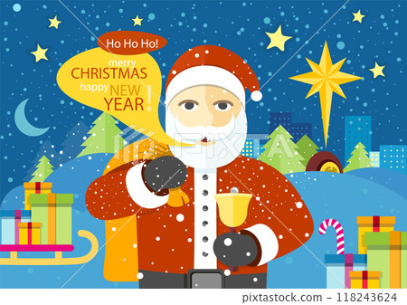 Illustration featuring Santa Claus holding a bell with gifts, snowy background, and festive decorations. Includes text wishing Merry Christmas and Happy New Year. Perfect for holiday cards or 118243624