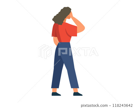 A simple vector illustration showing the back view of a woman with curly hair, wearing a red shirt and blue pants. The woman is casually standing with her hand on her head, isolated on white. 118243642